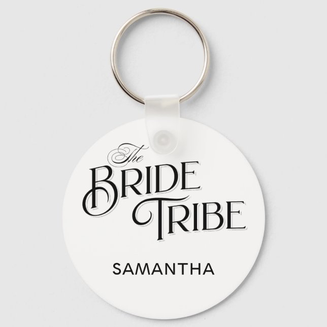 Bride Tribe Black Script Custom Bridesmaid Wedding Key Ring (Front)