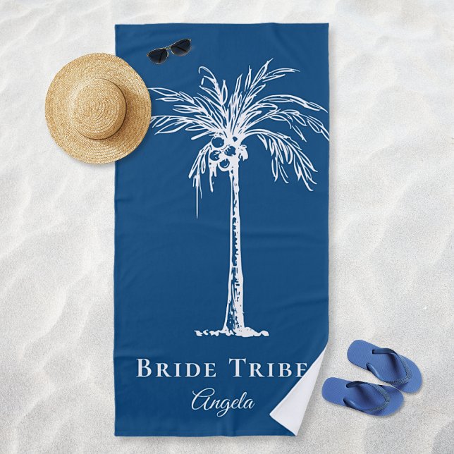 Bride Tribe Blue White Palm Tree Custom Beach Towel (Bride Tribe Blue White Palm Tree Custom Beach Towel)