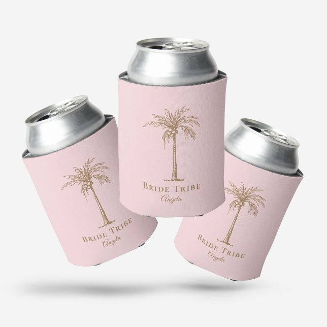 Bride Tribe Blush Pink Gold Palm Tree Custom Can Cooler (Creator Uploaded)