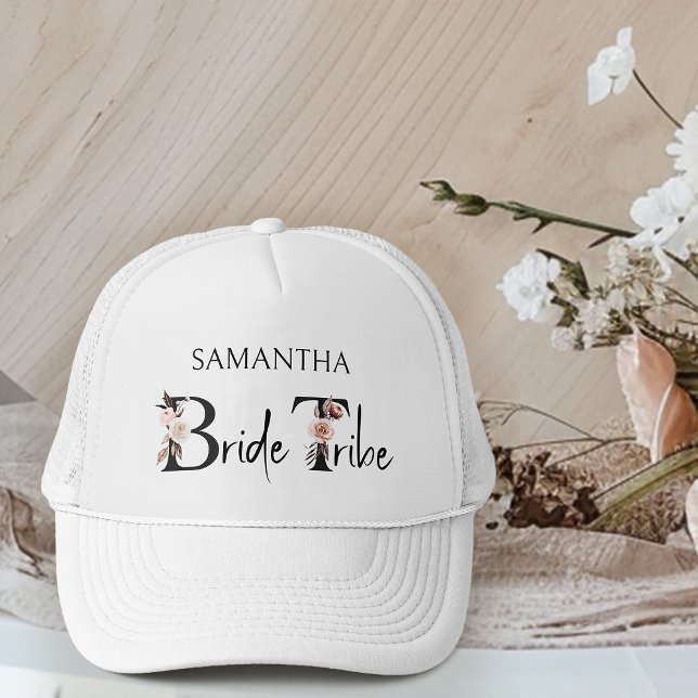 Bride Tribe Boho Floral Letters Bachelorette Trucker Hat (Bride Tribe bachelorette cap with boho floral letters)