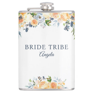 Bride Tribe Coral Peach Navy Floral Custom Hip Flask