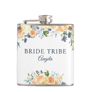 Bride Tribe Coral Peach Navy Floral Personalised Hip Flask