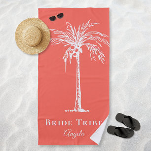 Bride Tribe Coral White Palm Tree Custom Beach Towel
