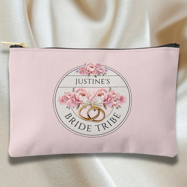 Bride Tribe custom floral Accessory Pouch (Pink floral Accessory Pouch bridesmaid gift with the text Bride Tribe)