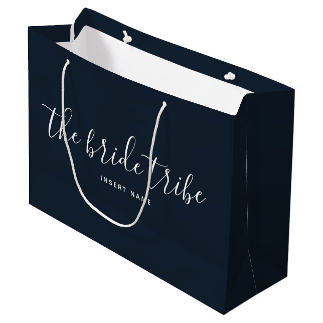 Bride Tribe Dark Navy Blue Custom Wedding Large Gift Bag (Front Angled)