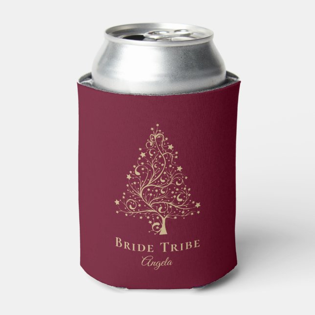 Bride Tribe Elegant Burgundy Gold Winter Wedding Can Cooler (Can Front)