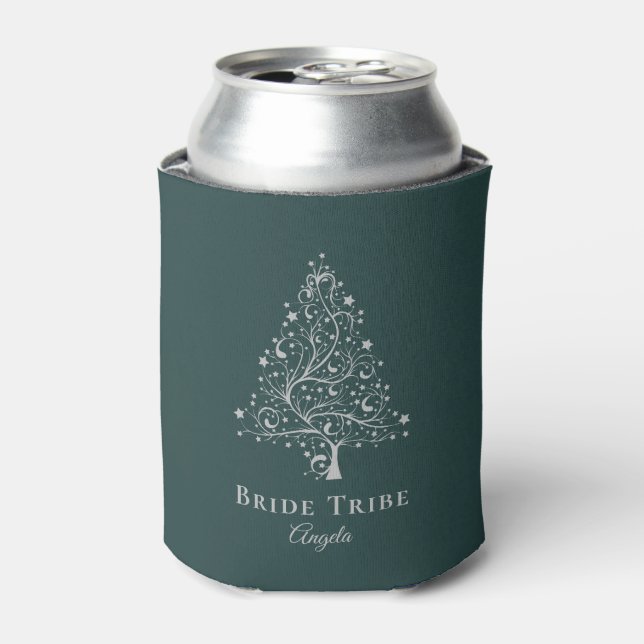 Bride Tribe Emerald Green Silver Winter Wedding Can Cooler (Can Front)