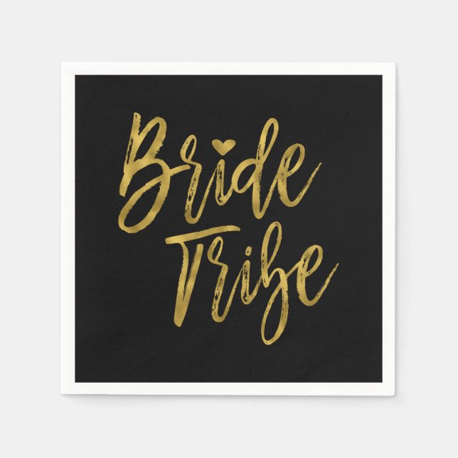 Bride Tribe Faux Gold Foil and Black with Heart Napkin (Front)