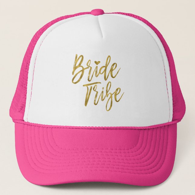 Bride Tribe Faux Gold Foil and Pink with Heart Trucker Hat (Front)