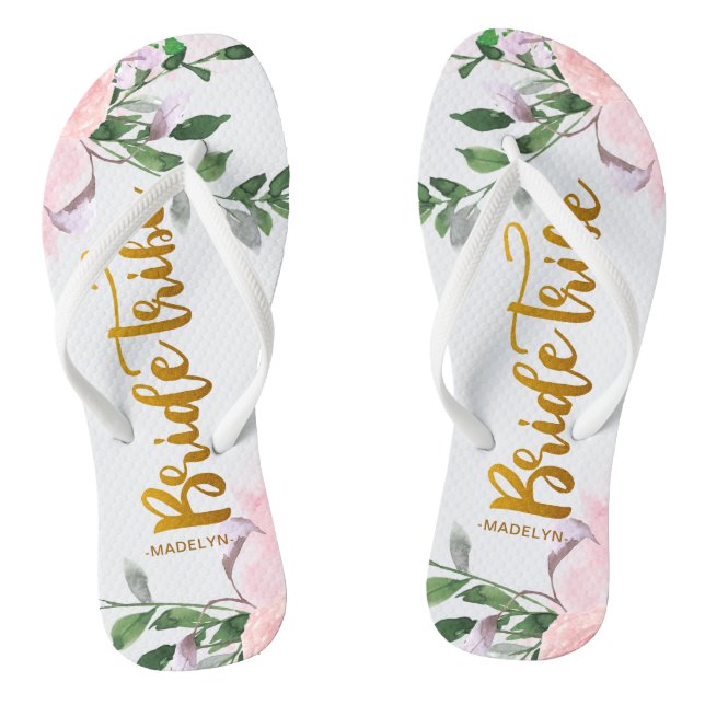 Bride Tribe Faux Gold with Floral and Name Thongs (Footbed)