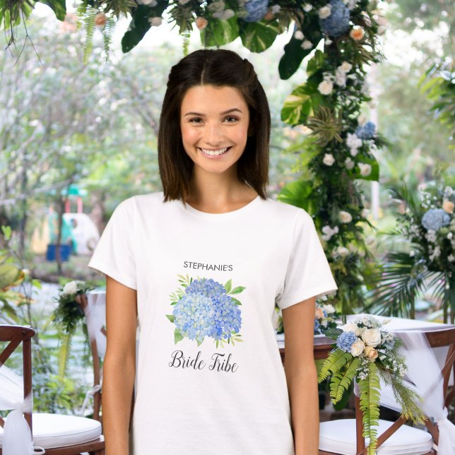 Bride Tribe Floral Blue Hydrangea Foliage Wedding T-Shirt (Creator Uploaded)