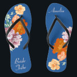 Bride Tribe Floral Something Blue Wedding Thongs<br><div class="desc">This desirable pair of flip flops features retro aesthetic pattern of beautiful peony flowers on the blue background, and changeable typography "Bride Tribe". These personalised and elegant flip flops are a memorable gift for wedding party members: bride, bridesmaids, mother of the bride, maid of honour... They will add a stylish dose of glam...</div>