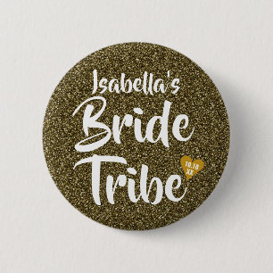 Bride Tribe Gold Date Heart Personalised Glitter 6 Cm Round Badge