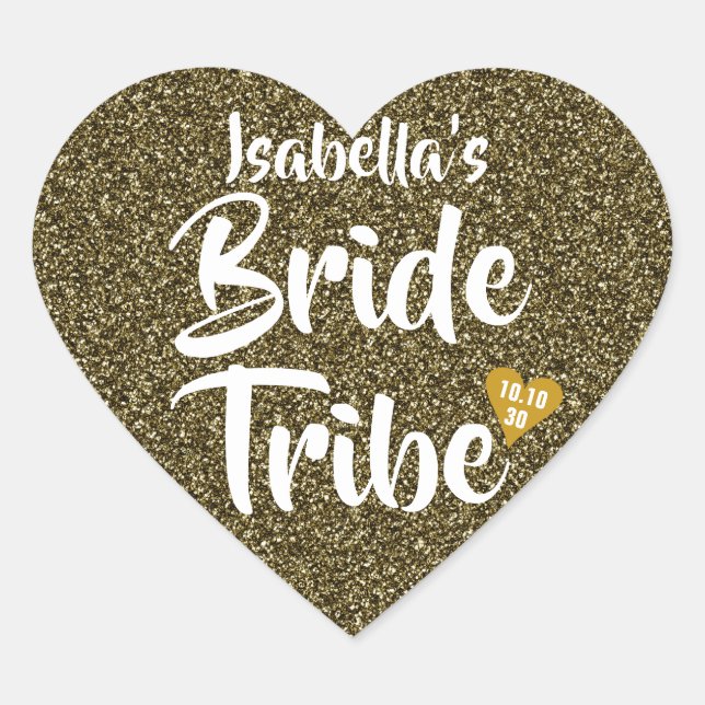 Bride Tribe Gold Date Heart Personalised Glitter Sticker (Front)