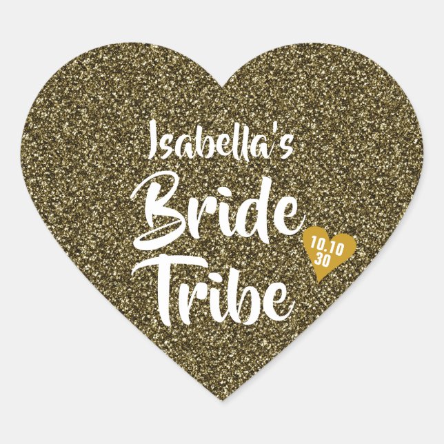 Bride Tribe Gold Date Heart Personalised Glitter Sticker (Front)