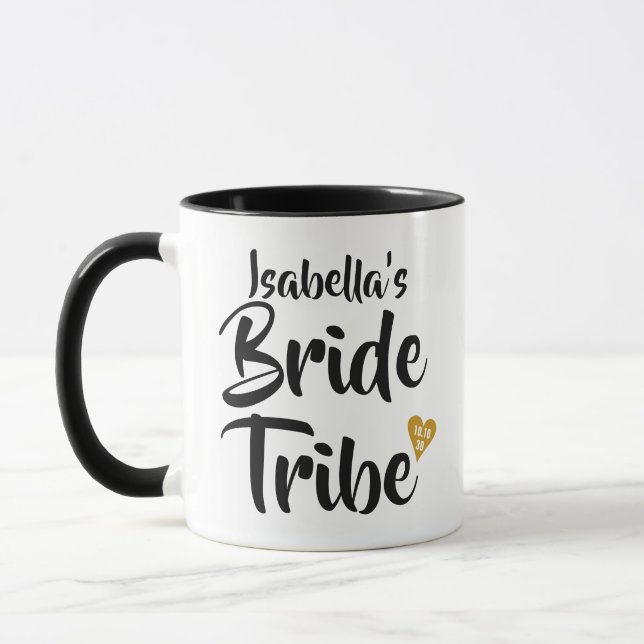 Bride Tribe Gold Date Heart Personalised Mug (Left)