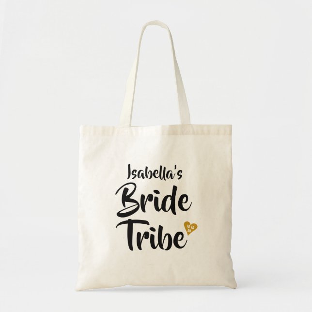 Bride Tribe Gold Date Heart Personalised Tote Bag (Front)