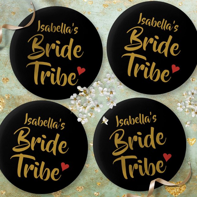Bride Tribe Gold Script Red Heart 6 Cm Round Badge (Creator Uploaded)