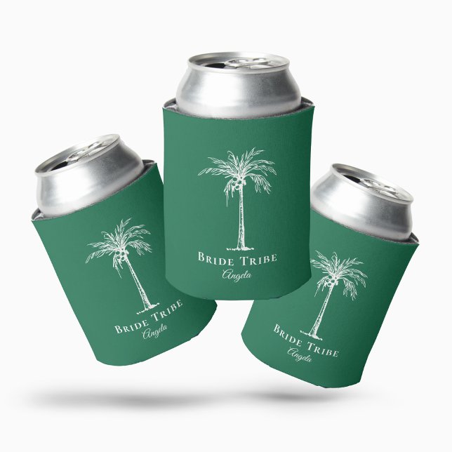 Bride Tribe Green White Palm Tree Custom Can Cooler (Creator Uploaded)