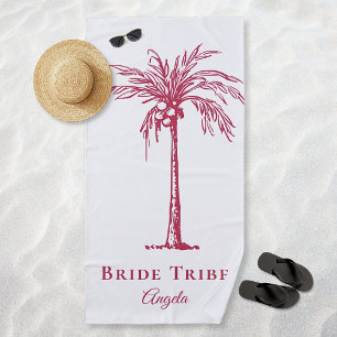 Bride Tribe Magenta Tropical Palm Tree Custom Beach Towel