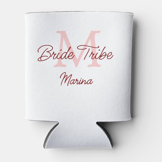 Bride tribe monogram red bridal shower simple mini can cooler (Front)
