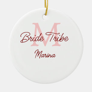 Bride tribe monogram red bridal shower simple mini ceramic ornament