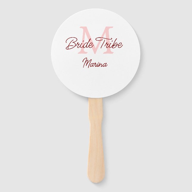 Bride tribe monogram red bridal shower simple mini hand fan (Front)