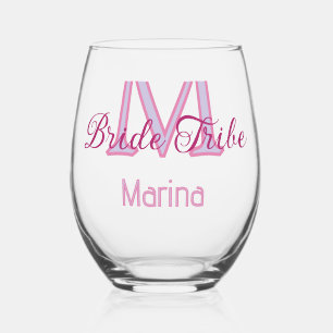 Bride tribe monogram red bridal shower simple mini stemless wine glass