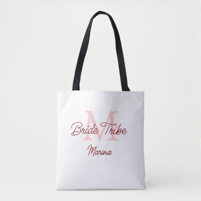 Bride tribe monogram red bridal shower simple mini tote bag (Front)