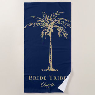 Bride Tribe Navy Blue Gold Palm Tree Custom Beach Towel