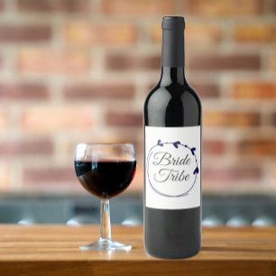 Bride Tribe Navy Blue Simple Heart Wreath Wine Label