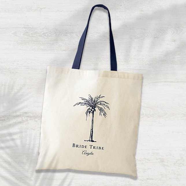Bride Tribe Navy Blue Tropical Palm Tree Custom Tote Bag (Creator Uploaded)