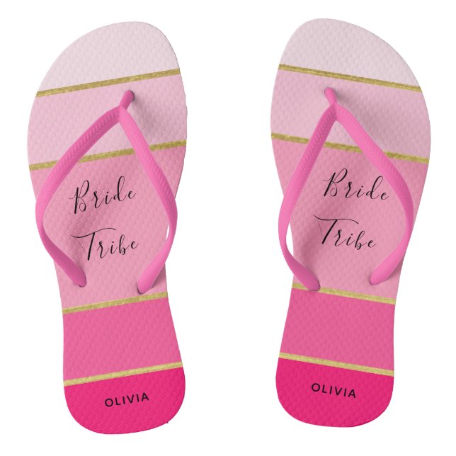 Bride Tribe Personalised Pink & Gold striped Thongs (Footbed)