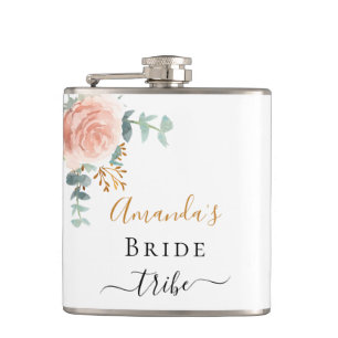 Bride tribe pink floral eucalyptus bachelorette hip flask