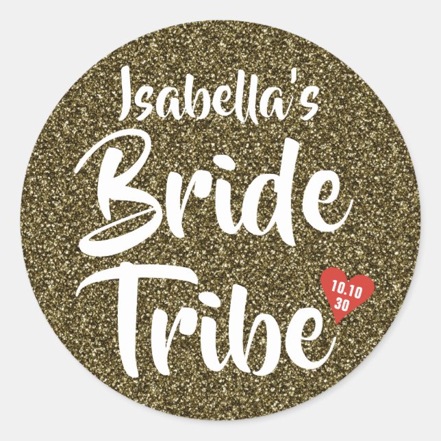 Bride Tribe Red Date Heart Personalised Glitter Classic Round Sticker (Front)