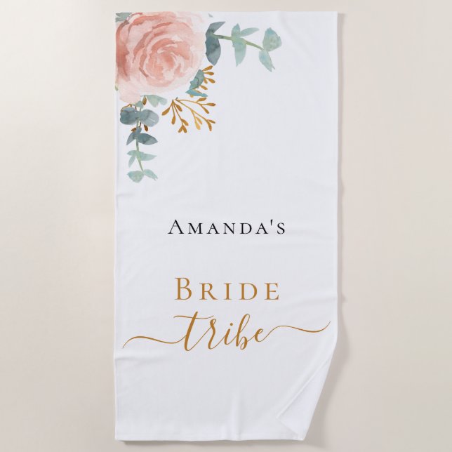 Bride tribe rose gold floral eucalyptus greenery beach towel (Front)