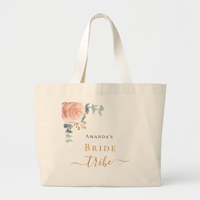 Bride tribe rose gold floral eucalyptus greenery large tote bag (Front)
