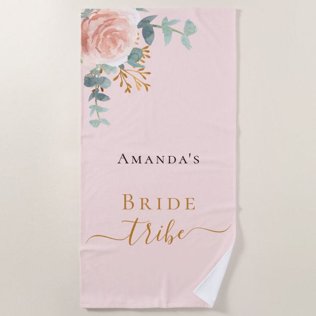 Bride tribe rose gold floral eucalyptus pink beach towel (Front)