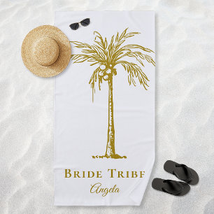 Bride Tribe Tropical Gold Palm Tree Personalised Beach Towel
