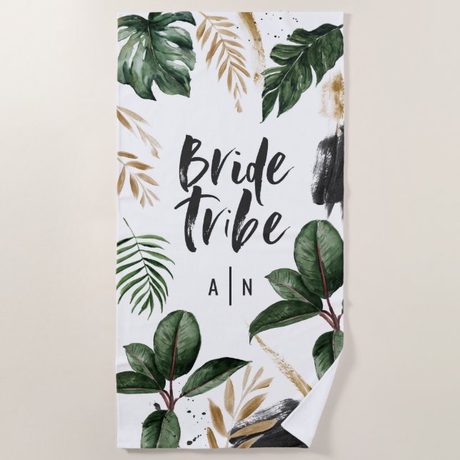 Bride tribe tropical leaf and typography beach towel (Front)