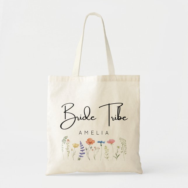 Bride Tribe  Wildflower Bridesmaid Name  Tote Bag (Front)