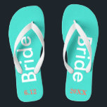 Bride Turquoise Blue Thongs<br><div class="desc">Bright turquoise blue with Bride written in white text and date of wedding in coral with white accents.  Pretty beach destination or honeymoon flip flops.  Original designs by TamiraZDesigns.</div>