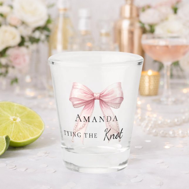 Bride tying the knot blush pink bow Bachelorette Shot Glass (Creator Uploaded)