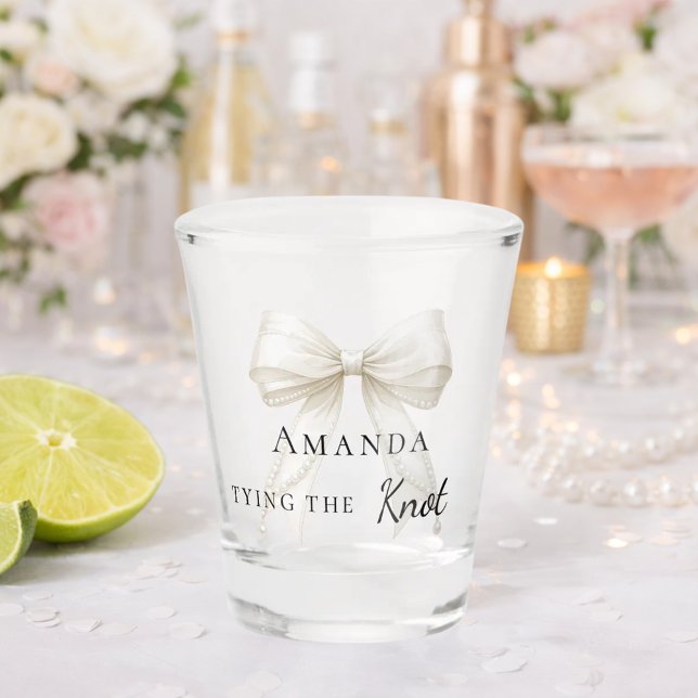 Bride tying the knot ivory bow Bachelorette Shot Glass (Creator Uploaded)