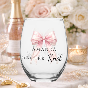 Bride tying the knot pink bow Bachelorette Stemless Wine Glass