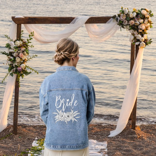 Bride typography and peony floral bouquet wedding denim jacket (Creator Uploaded)