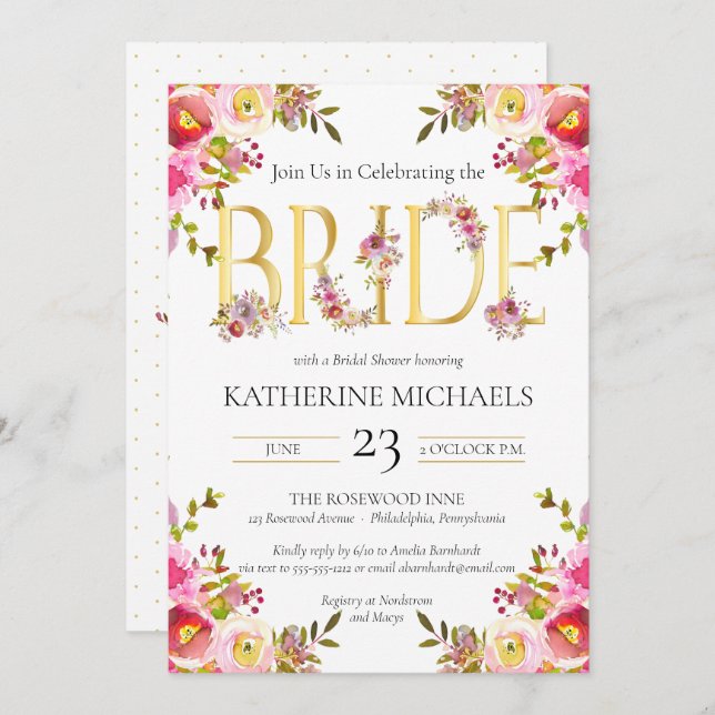 Bride Watercolor Blooms Floral Bridal Shower Invit Invitation (Front/Back)