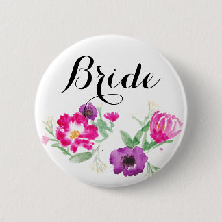 Bride Watercolor Flowers Button
