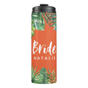 Bride watercolor tropical leaf bachelorette thermal tumbler