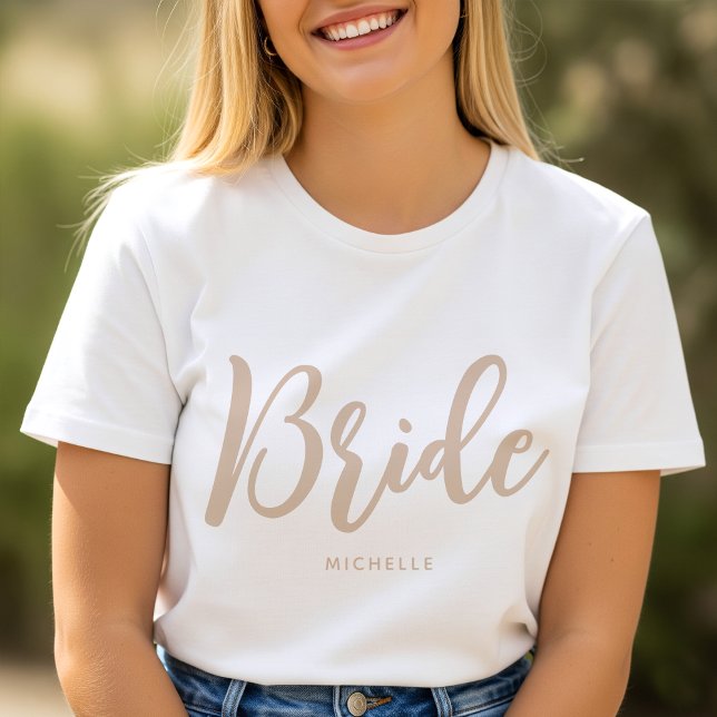 Bride Wedding Personalised Name Beige White T-Shirt (Creator Uploaded)